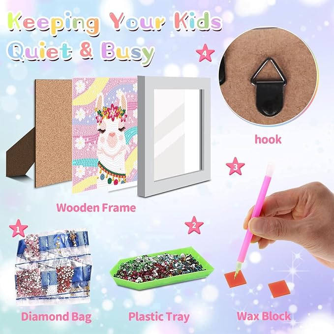 ajepon Alpaca Diamond Art Kits for Kids with Frame, Animal Diamond Art for Kids Ages 8-12, Alpacas Diamond Painting Kits for Kid with Beautiful Package for Gift Home Wall Decor (7x7inch)