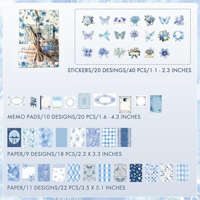 OKUPAN Scrapbook Supplies Kit – 100PCS Vintage Cottagecore Floral Scrapbook Paper & Stickers, 4 Sizes Pastoral Scrapbooking Supplies for Journaling, Card Making & DIY Gifts (Blue)