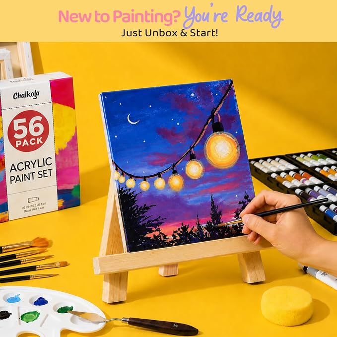 Chalkola Acrylic Paint Set for Adults & Kids - 56 Pcs Canvas Painting Kit with 32 Paints (22ml), 10 Brushes, 10 Canvases, Tabletop Easel, Palette, Knife - Professional Craft & Art Painting Supplies | 32 Acrylic Paints (22ml), 10 Brushes, 10 Canvases, T...