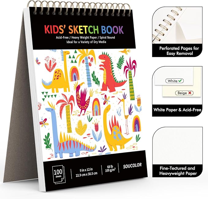 Soucolor Sketch Book for Kids, 9" x 12" Kids Sketchbook, Boys & Girls Gift | 100 Sheets Tear-out Acid-Free Drawing Paper |Spiral bound Smooth Paper for Pencils Markers Crayons, Art Supplies for Kids 3+