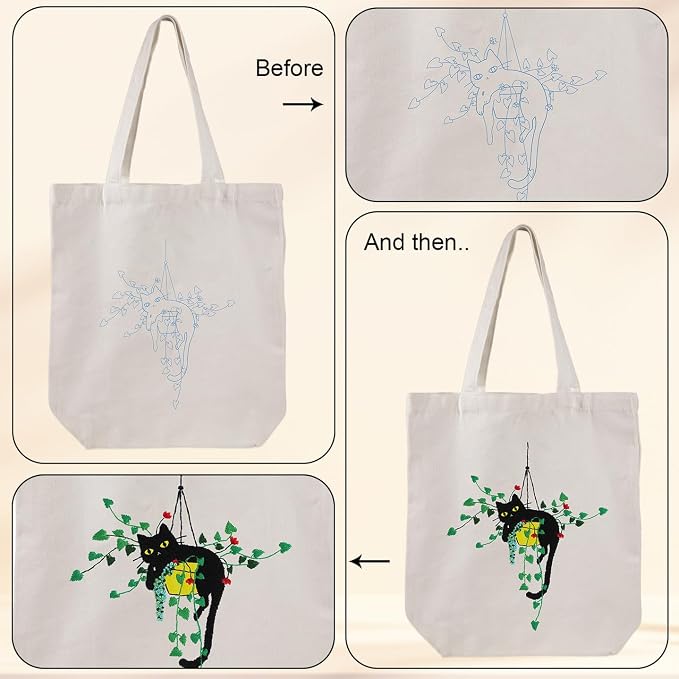 Louise Maelys Plant Cat Embroidery Kit Canvas Tote Bag for Beginners