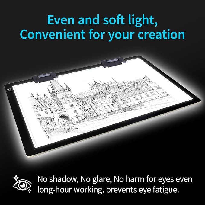 Zocelight A2 Light pad,7mm Ultra-Thin led Light Box,3 Levels Dimming/Stepless Dimming Light Table with 2 Clips and 12V 2A Adapter,Large Light Board for Diamond Painting,Drawing,Sketching,Tattoo