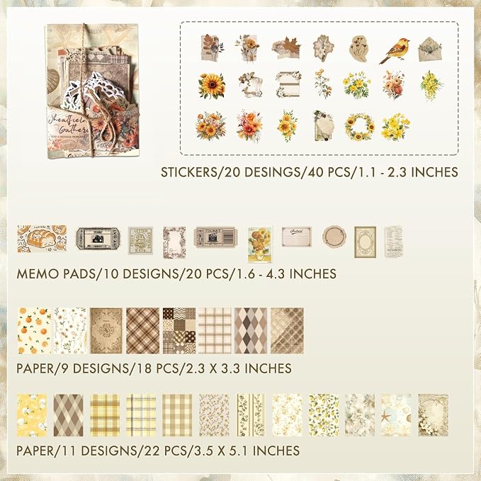 OKUPAN Scrapbook Supplies Kit – 100PCS Vintage Cottagecore Floral Scrapbook Paper & Stickers, 4 Sizes Pastoral Scrapbooking Supplies for Journaling, Card Making & DIY Gifts (Yellow)