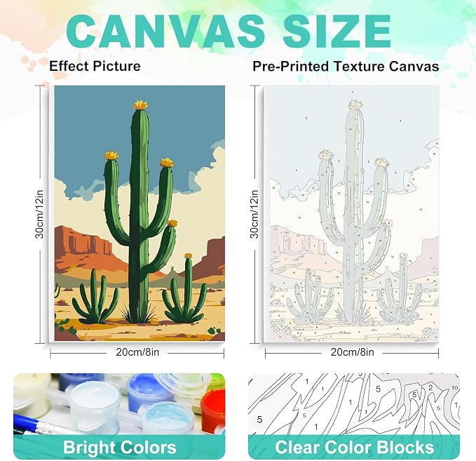 GEEHEIY Framed Paint by Numbers Kit for Adults, Desert Cactus, 8 x 12 Inch | DIY Adult Paint by Number Kit for Beginners, Southwest Wall Decor, Stress Relief Craft Gift, Creative Hobby