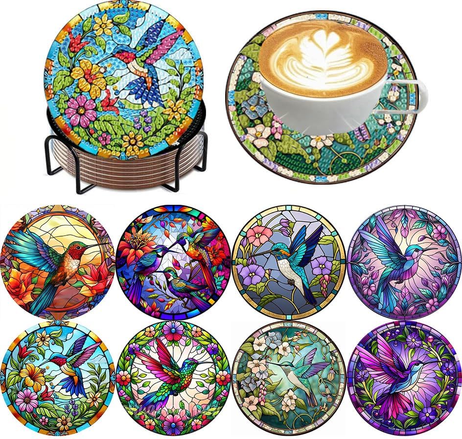 ijbnhd 8 Pcs Hummingbird Diamond Painting Coasters Kits for Adults