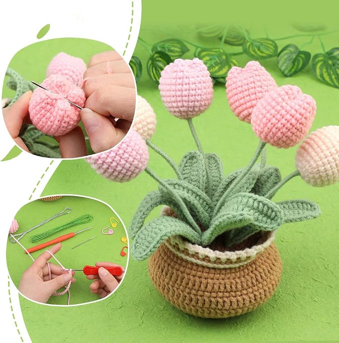 kgxulr Crochet Kit, Tulip Crochet Kit for Beginners, Knitting Kit | Beginner Crochet Kit, Crochet Flower Kit with Step-By-Step Video Tutorials, Beginner Crochet Kit for Adults