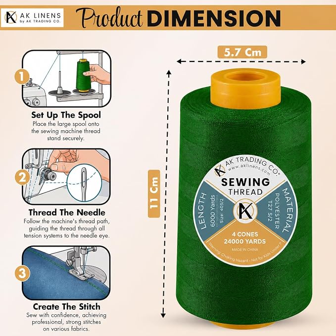 AK Trading 4-Pack Pine Green All Purpose Sewing Thread Cones (6000 Yards Each) of High Tensile Polyester Thread Spools for Sewing, Quilting, Serger Machines, Overlock, Merrow & Hand Embroidery