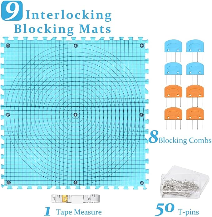 Yarniss 9PCS Blocking Mats for Knitting with 50 T-Pins & 8 Combs 12" x 12"