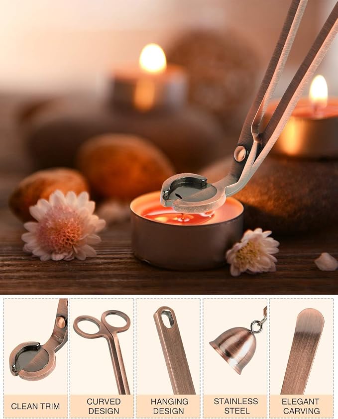 RONXS 3 in 1 Candle Wick Trimmer Set, Snuffer, Dipper, Cutter, Copper | Candle Care Accessory Kit, Stainless Steel, Trims Wick, Puts out Flame and Dips, Gift Box for Candle Lovers Home Decoration