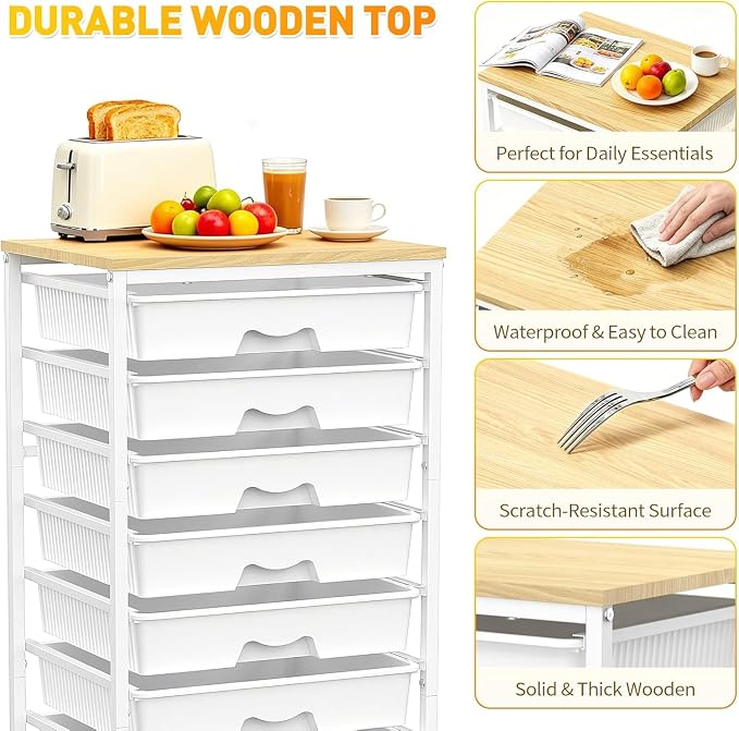 SUNALLY Rolling Cart With 8 Drawers,Storage Drawer Cart for Craft Art,White | Storage Utility Cart with Wooden Tabletop & 2 Lockable Wheels, Teacher Storage Cart for Classroom School Storage, Makeup,Nail