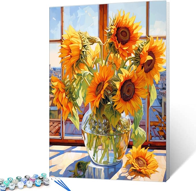Tucocoo Sunflowers DIY Paint by Numbers for Adults Flowers in Glass Vase DIY Oil Painting Acrylic Paint Art Painting Kits Canvas with Acrylic Paint Floral Art 16x20 Inch （Without Frame ）