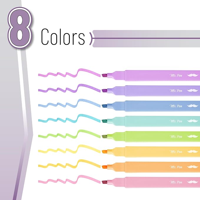 Mr. Pen- Aesthetic Highlighters No Bleed, 8 Pack, Assorted Colors | Chisel Tip, Cute Highlighters Assorted Colors for Journaling, Highlighting, Underlining, Fast Dry, Back to School Supplies