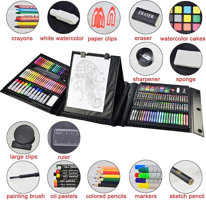 Sunnyglade 185 Pieces Double Sided Trifold Easel Art Set Art Supplies Black | Art Kit Drawing Art Box with Oil Pastels, Crayons, Colored Pencils, Markers, Paint Brush, Watercolor Cakes, Sketch Pad