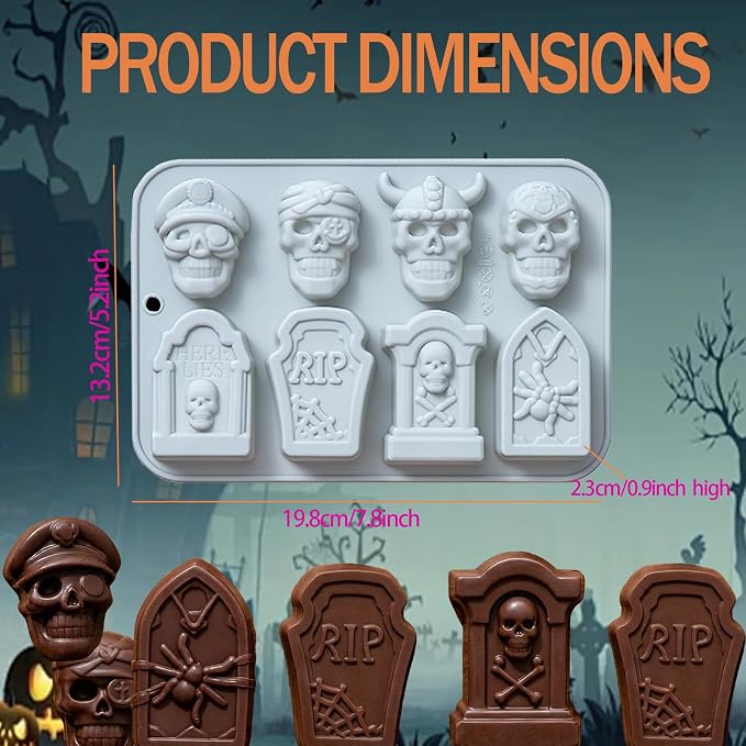 Halloween Silicone Molds, 2 Pack Skull Tombstone Silicone Chocolate Molds, Skull Silicone Candy Molds Silicone Baking Molds for Chocolate, Cake, Soap, Resin, Halloween Party Supplies
