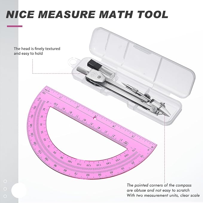 EBOOT Drawing Compass and 6 in Protractor Geometry Set, Pink | Geometry Math Set, Swing Arm Protractor Ruler Compass, Geometry Drawing Tools for Measuring Angles