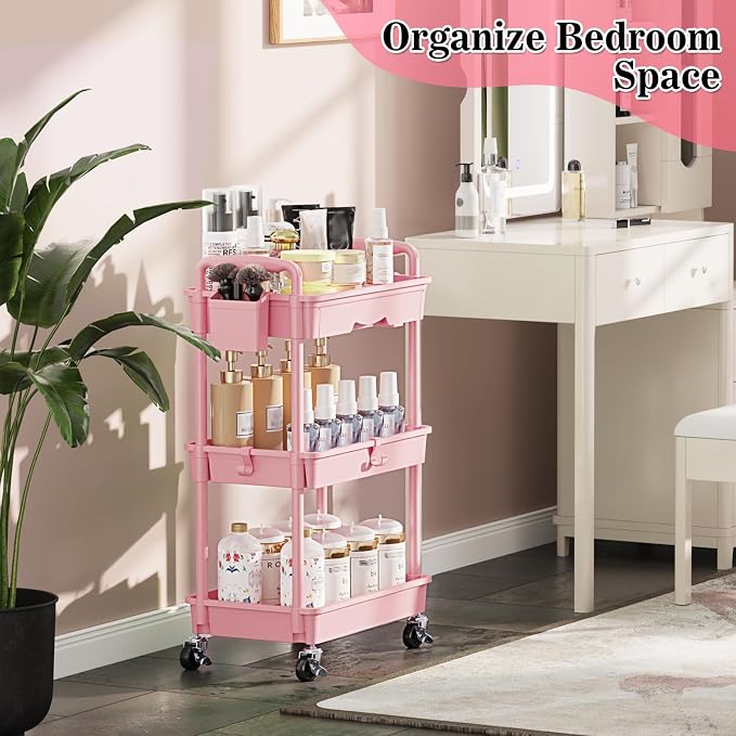 SUNALLY 3 Tier Rolling Cart with Drawer, Craft Storage Cart Organizer, Pink