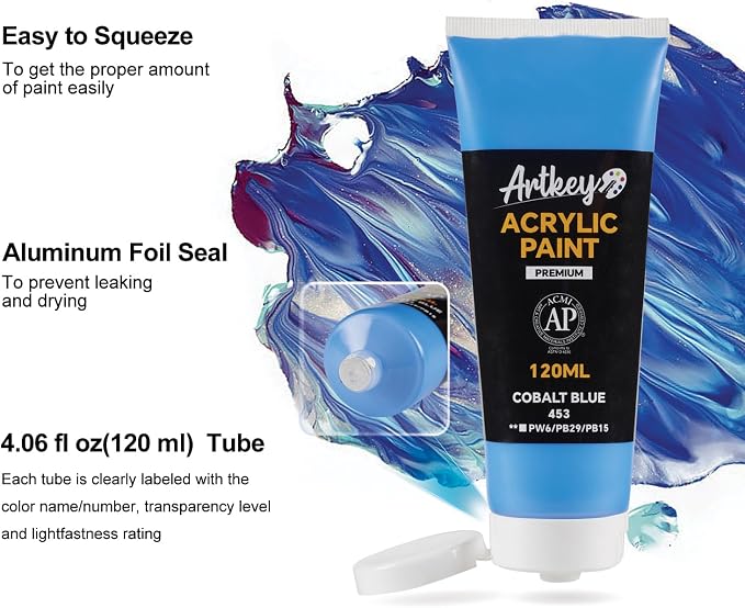 Artkey Acrylic Paint - Cobalt Blue (120 ml/4.06 oz) Tubes, Rich & Vibrant Pigments, Professional Artists Acrylic Paints - Art Supplies for Canvas Wood Rock Clay Fabric Ceramics Art Crafts Painting