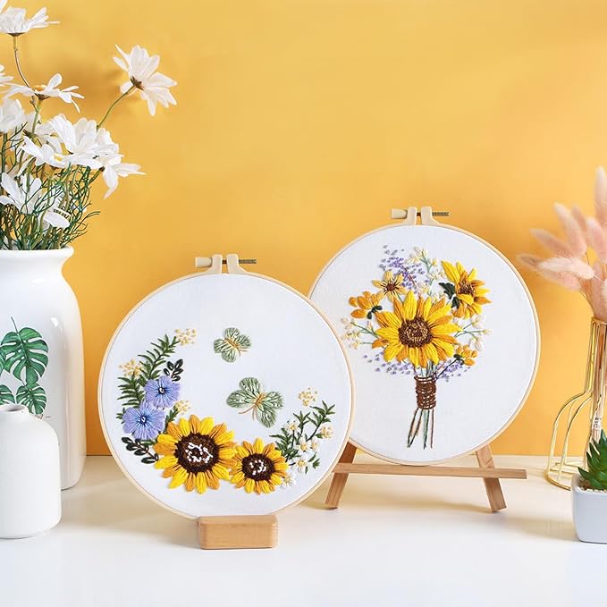 GLTAYLMY 3 Sets Embroidery Starter Kit with Pattern and Instructions, Cross Stitch Set, Stamped Embroidery Kits with 3 Embroidery Clothes with Pattern, 1 Embroidery Hoop(Sunflower)