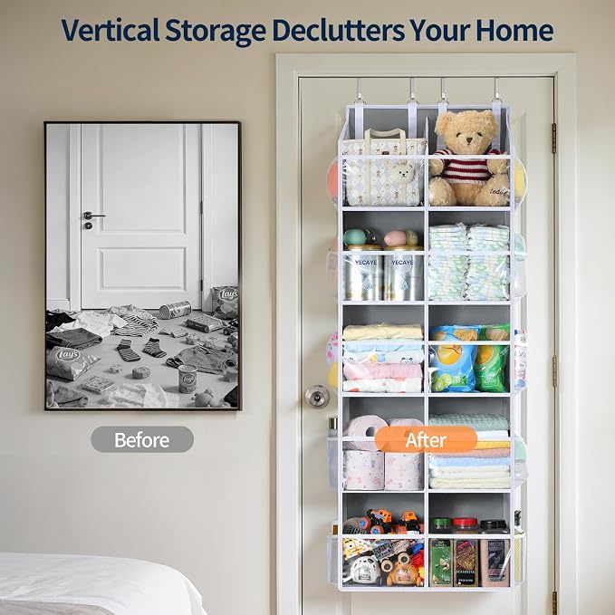 Yecaye 80lb Clear Door Hanging Yarn Storage Organizer, 10 Large Plastic Pockets & 10 Mesh Pockets Over the Door Crochet Organizer, 5 Tier Yarn Ball Storage for Knitting Needles, Gray
