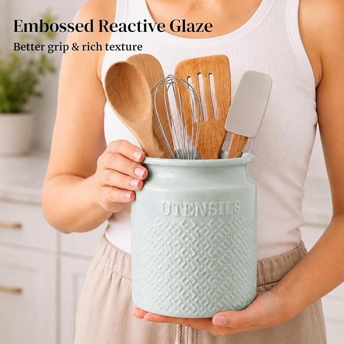 DOWAN 7.2" Large Ceramic Utensil Holder for Kitchen Countertop, Light Blue