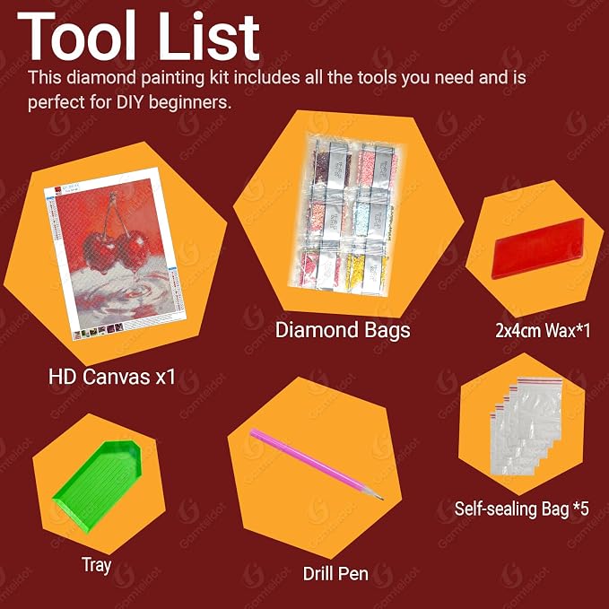Gamteldot Cherry Diamond Art,Diamond Painting Kits for Adults Beginner,DIY Cherry Diamond Art Kits 5D Full Drill Gem Art Craft with Complete Tools,for Home Wall Decor and Gift-12x16in