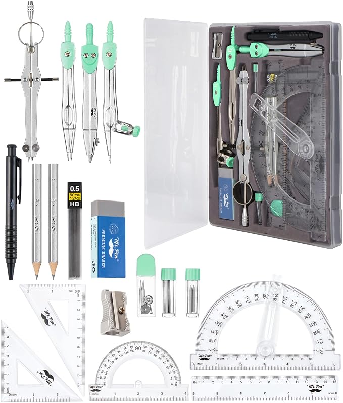 Mr. Pen- Geometry Set, 15 pcs, Green, 6 Inch Swing Arm Protractor, Divider | Set Squares, Ruler, Compasses and Protractor