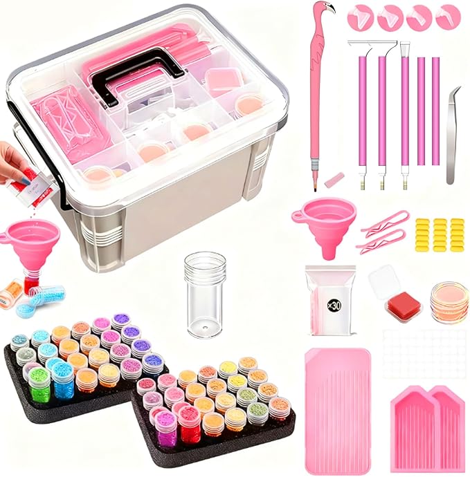CXJINZE 111 Pcs Diamond Painting Tools Accessories Storage Kit, Pink
