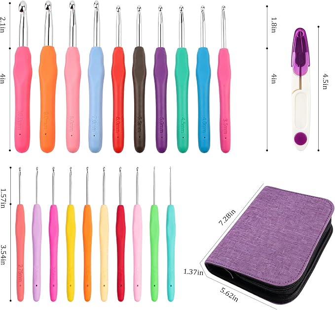 Yarniss 20 Sizes Ergonomic Crochet Hooks Set for Beginner 0.5mm-10mm | Soft Grip Crochet Hooks Set with Portable Bag,Purple