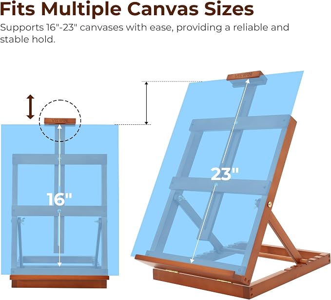 VISWIN Heavy-Duty Table Top Easel for Painting, Adjustable Beech Wood Tabletop Easel, Hold Canvas up to 23”, Portable Art Desktop Easel Stand for Adults, Artists, Beginners – Walnut