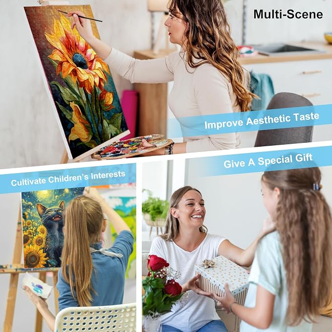 Paint by Numbers Kit for Adults, Sunflowers Black Cat Canvas Painting Set | 16x20 Inch, DIY Acrylic Number Painting Craft Kit for Adults Beginners, Home Wall Decor, Stress Relief Relaxing Hobby Gift