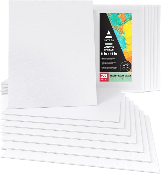 ARTEZA Canvas Panels, 11 x 14 in, Pack of 28, 100% Cotton Pre-Primed Canvas Boards for Acrylic, Oil, Gouache, Tempera, Pouring Paint, Crafts, and Wall Art