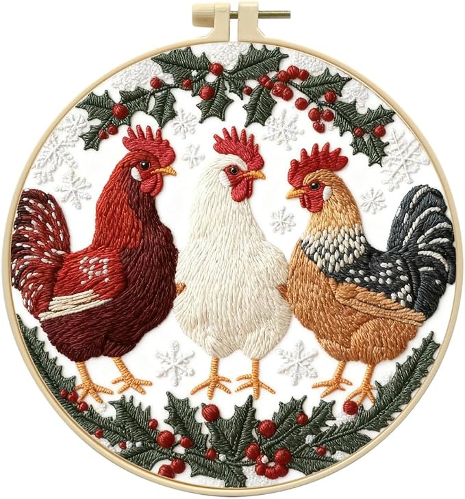 Zhenqing Winter Holly Three Chickens Embroidery Kit for Beginners, 29x29cm Hand Embroidery Set with Hoop, Thread, Printed Fabric(C0152