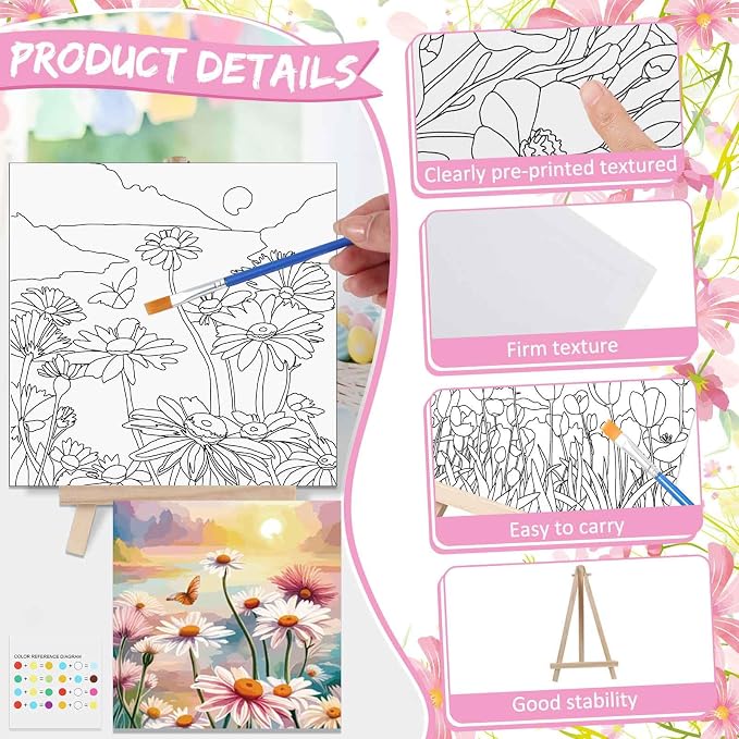 Tenceur 12 Sets Pre Drawn Canvas to Paint Adult Stretched Coloring Painting Canvas Panels with Design Easel and Brushes for Party Supplies Beginner Favor(Flower)