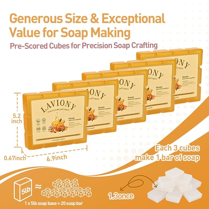 Melt and Pour Soap Base, Pre-Cut DIY Soap Bars Craft, 5LB Honey