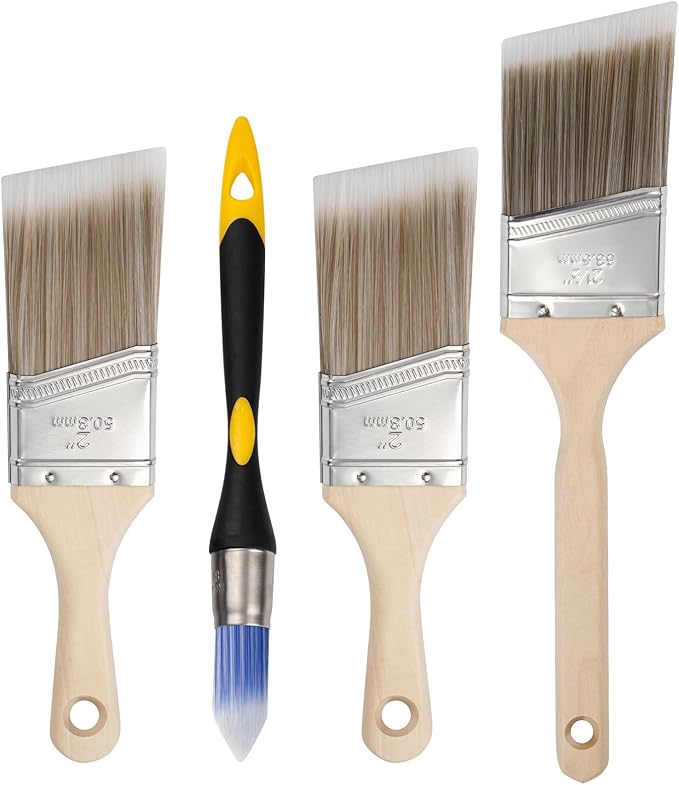 Mister Rui Paint Brushes Set, 4 Pack Angled Brushes for Trim and Wall | Synthetic Sash Brush for Cabinets & Wall Paint Brushes for Oil, Latex, No Shedding