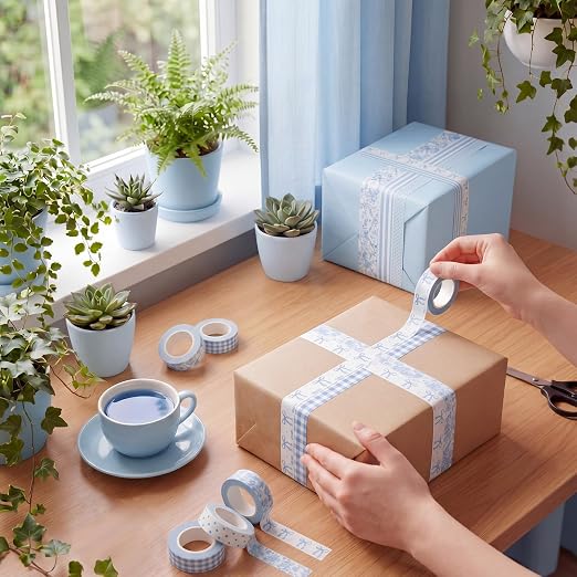 12 Rolls Floral Washi Tape Set,Blue and White,Floral | Watercolor Flowers Design for Scrapbook Journal DIY Craft School Supplies, 15 mm Vintage Decorative Masking Washi Tapes