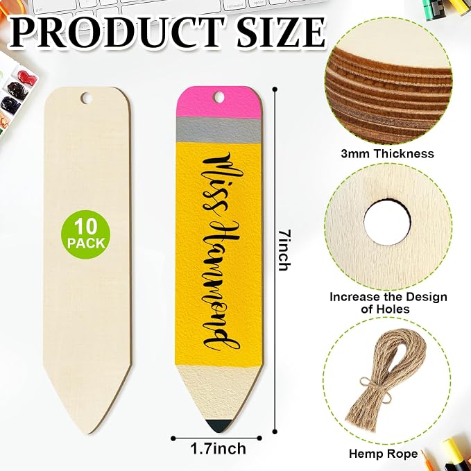 Wooden Ornaments to Paint 7 Inch, Wooden Pencil Cutouts Back to School DIY Blank Unfinished Labels Tags Crafts Teacher Appreciation Week Gifts Ornament for Student Hanging Decorations(10PCS)