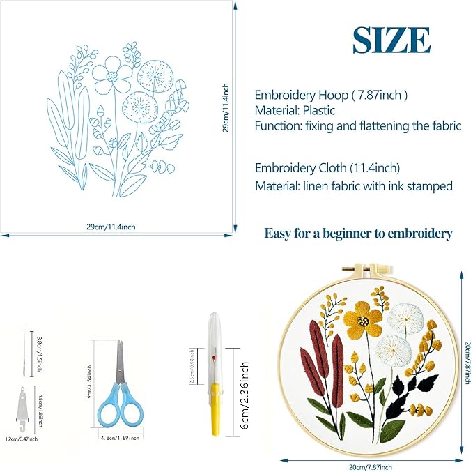 Zhenqing Floral Embroidery Kit - 4 Piece 29x29cm Round Hoop Art Set with Pre-Printed Cotton Fabric, Embroidery Hoop, Threads & Tools for Beginners (C0010)