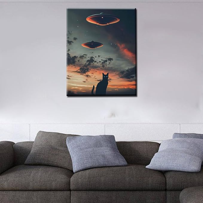 Tucocoo UFO Paint by Bumbers for Adults Beginner Black Cat DIY Paint by Numbers Acrylic Paint Canvas Sunset Moon Bedroom Decor Fantasy Scene Dark Clouds Painting Kits Art 16x20 Inch （DIY Frame ）