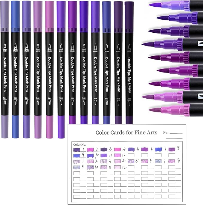 Purple Double Tip Brush Pens Art Markers,12 Colored Artist Fine Brush Pen Coloring Markers for Adult Drawing Art Craft Kit