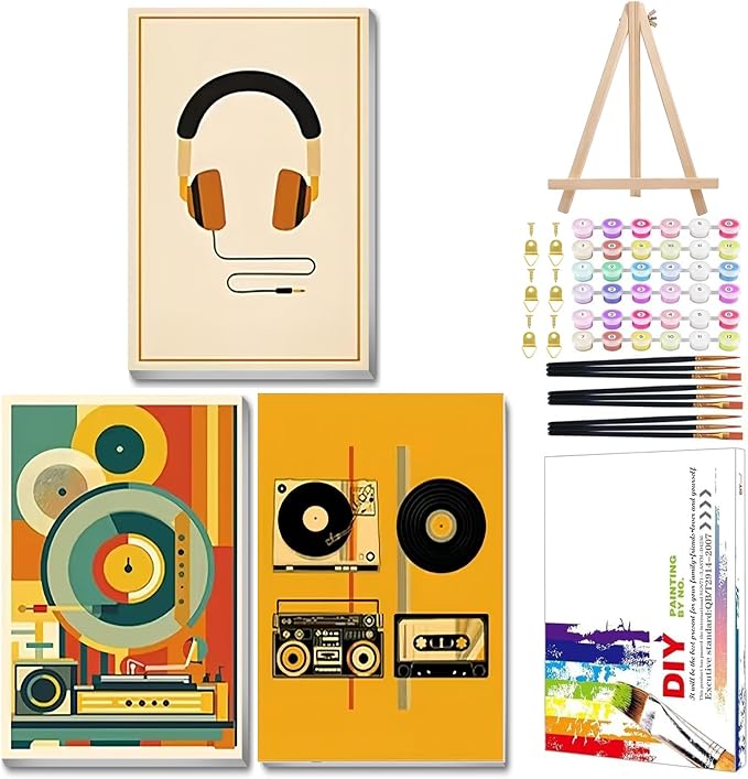 Mandun Music Paint by Numbers Kit for Adults, 3 Pack, 7.8x11.8 inch | DIY Painting Kits Crafts for Adults, Relieve Stress, Frame Canvas, Wooden Easel, Gift Box, Home Wall Decor