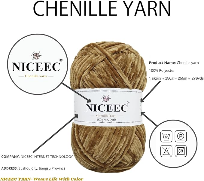 NICEEC 2 Skeins Soft Chenille Yarn 2 x255m (2X 279yds, 3X 150g)_Dark Brown