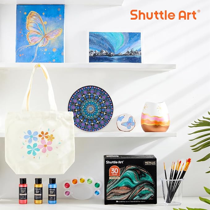 Shuttle Art 30 Colors Metallic Acrylic Paint, Artist Grade Metallic Paint in Bottles (60ml, 2oz), Rich Pigmented, High Viscosity, Non-Toxic for Artists, Beginners on Rocks Crafts Canvas Wood Fabric