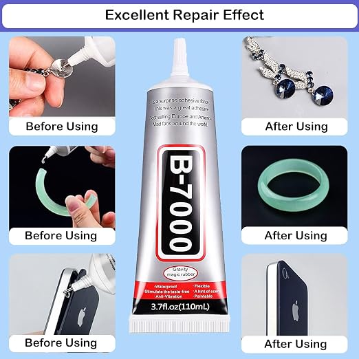 B7000 Adhesive Rhinestones Glue for Crafts, 2PCS 110ml / 3.7 fl oz with 5 Dotting Pen Tool, Wax Pencil and Tweezer, Jewelry Glue for DIY Craft, Makeup, Shoes, Jewelry Making, Nail Art