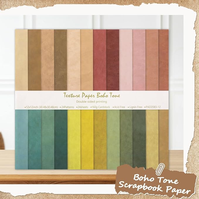 24 Sheets Scrapbook Paper 12x12 IN Double-Sided Boho Patterned Craft Paper
