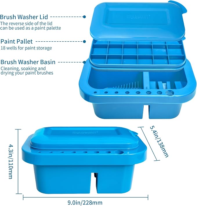 MyLifeUNIT Paint Brush Cleaner, Paint Brush Holder with Palette, Royal Blue | 18 mixing wells, 16 slots fitting 0.24-0.63 in diameters, 3 washing compartments, removable tray lid
