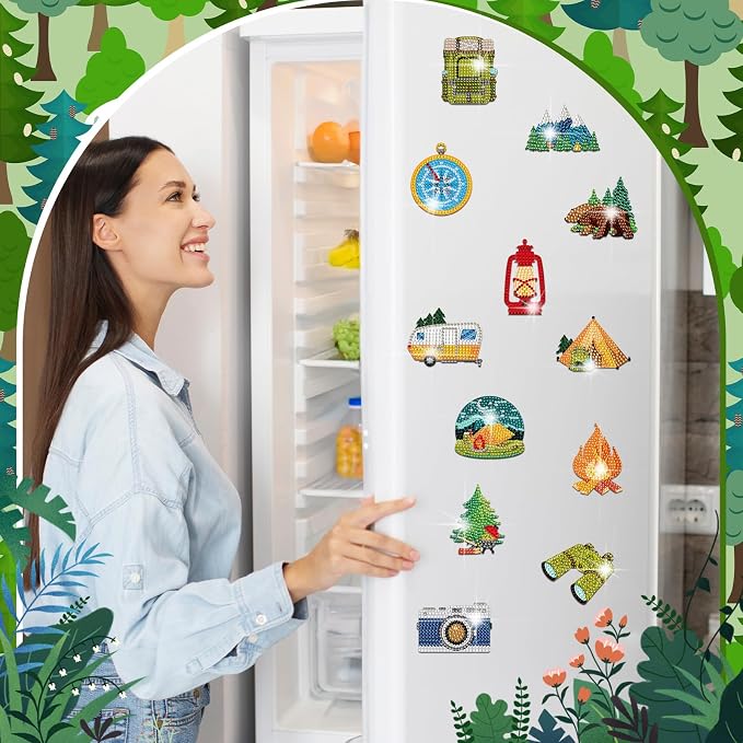 Zonon 12 Pcs Camping Diamond Art Magnets Kits for Fridge DIY Stickers | Outdoor Theme Designs, Diamond Magnetic Backing for Refrigerator and Camper Decor,Easy Craft for Adults,