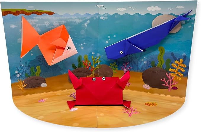 House of Marbles Ocean Origami Kit for Kids - Beginner Paper Folding Craft Set with 30 Sheets, 8 Sea Creatures, Stickers & Display Scene