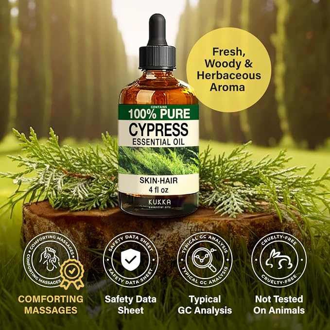 Kukka 100% Pure Cypress Essential Oil for Skin, Diffuser, 4 Fl Oz | Undiluted Cypress Oil for Diffuser Blends, Massage, Aromatherapy & DIY Soap Making with a Calming Woodsy Scent