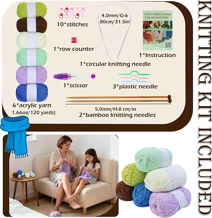 Lewhoo Knitting Kit for Beginners, 6 Patterns Dishcloth Learn to Knit Kit | Step-by-Step Instruction,Complete Knit Starter Kit -Including Yarn, Knitting Needle&Accessories